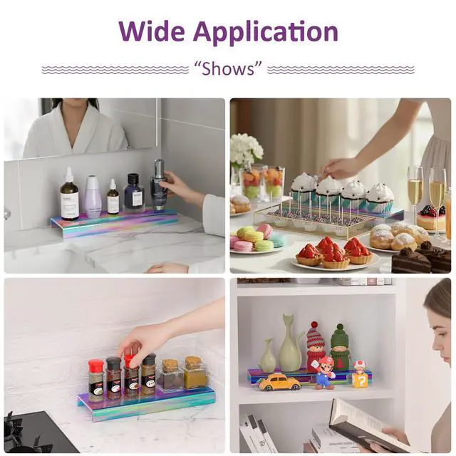 Alt view image 6 of 6 - Acrylic Shelf Riser 12x3.9x1 pack of 2, Iridescent Display Shelf 12 for Shoes, Glasses, Plants, Home Decors, Perfume, 12x3.9x1 Inch