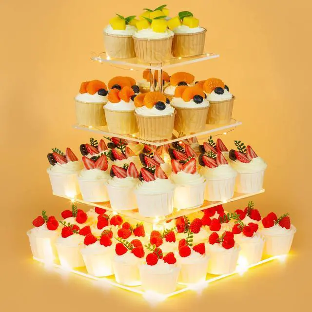 Main image of 4 Tier Premium Cupcake Stand Cupcake Holder, Acrylic Cupcake Tower with LED Yellow Light for Cupcakes, Dessert Table Display Set for Birthday, Bar, Decor Weddings, Parties Events
