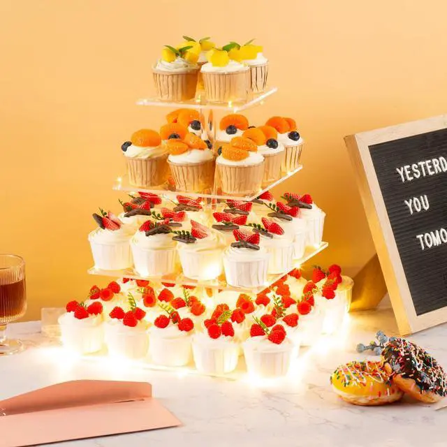 Alt view image 3 of 7 - 4 Tier Premium Cupcake Stand Cupcake Holder, Acrylic Cupcake Tower with LED Yellow Light for Cupcakes, Dessert Table Display Set for Birthday, Bar, Decor Weddings, Parties Events