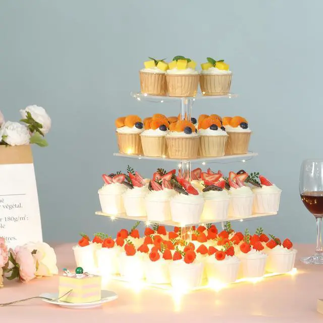 Alt view image 4 of 7 - 4 Tier Premium Cupcake Stand Cupcake Holder, Acrylic Cupcake Tower with LED Yellow Light for Cupcakes, Dessert Table Display Set for Birthday, Bar, Decor Weddings, Parties Events