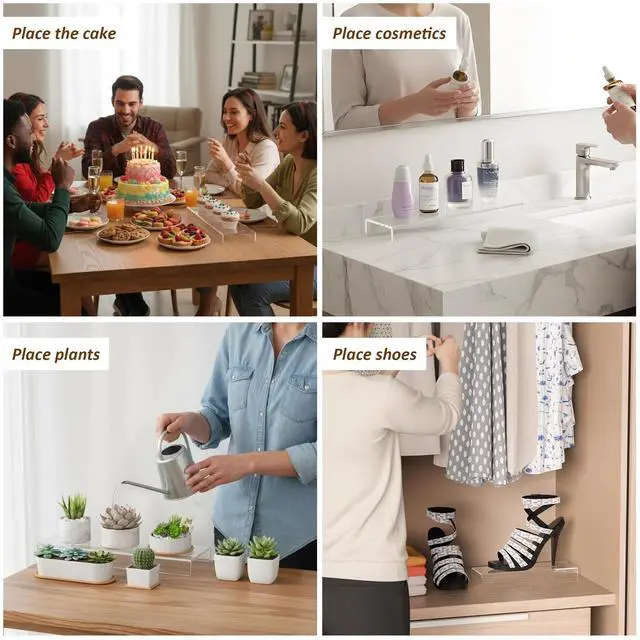 Alt view image 6 of 6 - Acrylic Shelf Riser 12x3.9x1 pack of 2, Clear Display Shelf 12 for Shoes, Glasses, Plants, Home Decors, Perfume, 12x3.9x1 Inch