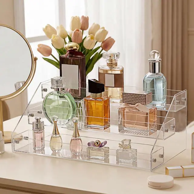 Alt view image 5 of 7 - Perfume Stand Organizer - 3 Tier Clear Display Shelf Plastic Display Risers for Perfume Nail Polish Organizer Rack,12.3L x 6.3W x 4.6H