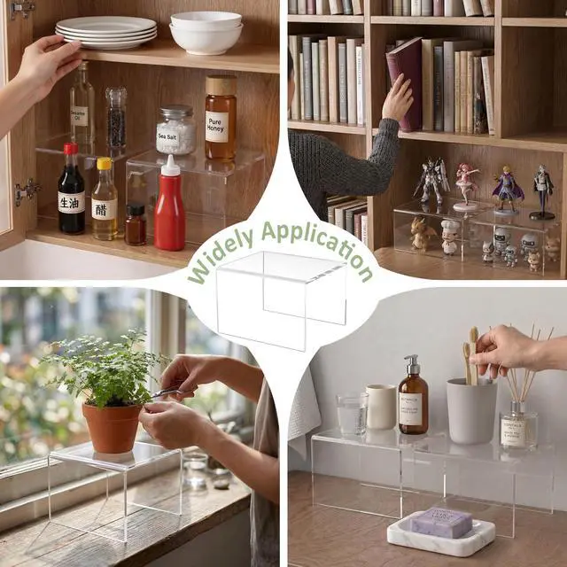 Alt view image 6 of 6 - Acrylic Shelf Riser 6x5.1x4 pack of 2, Clear Acrylic Stand for Figure, Cosmetics, Bags, Shoes, Toys, Collectibles, 6x5.1x4 Inch
