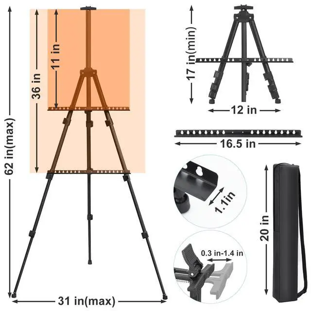 Alt view image 2 of 7 - Easel Stand for Sign, Adjuastable Travel Art Canvas Holder with Portable Bag, Metal Tripod Poster Holder Stand Height from 17 to 66 inches, Black