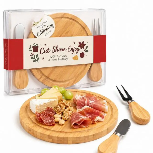 Main image of 6-Inch Bamboo Cheese Board Set with Knife & Fork, Personal Charcuterie Board & Dessert Plate, Reusable PP Storage Box, Gift-Ready for Wedding, Bridal Shower, Baby Shower, Party, 1 Pack