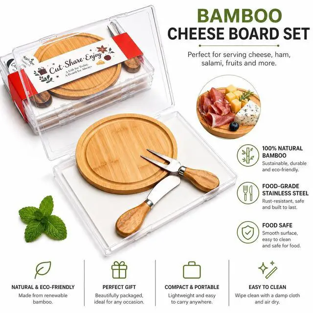 Alt view image 2 of 7 - 6-Inch Bamboo Cheese Board Set with Knife & Fork, Personal Charcuterie Board & Dessert Plate, Reusable PP Storage Box, Gift-Ready for Wedding, Bridal Shower, Baby Shower, Party, 1 Pack
