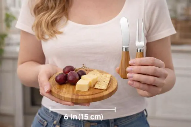 Alt view image 7 of 7 - 6-Inch Bamboo Cheese Board Set with Knife & Fork, Personal Charcuterie Board & Dessert Plate, Reusable PP Storage Box, Gift-Ready for Wedding, Bridal Shower, Baby Shower, Party, 1 Pack