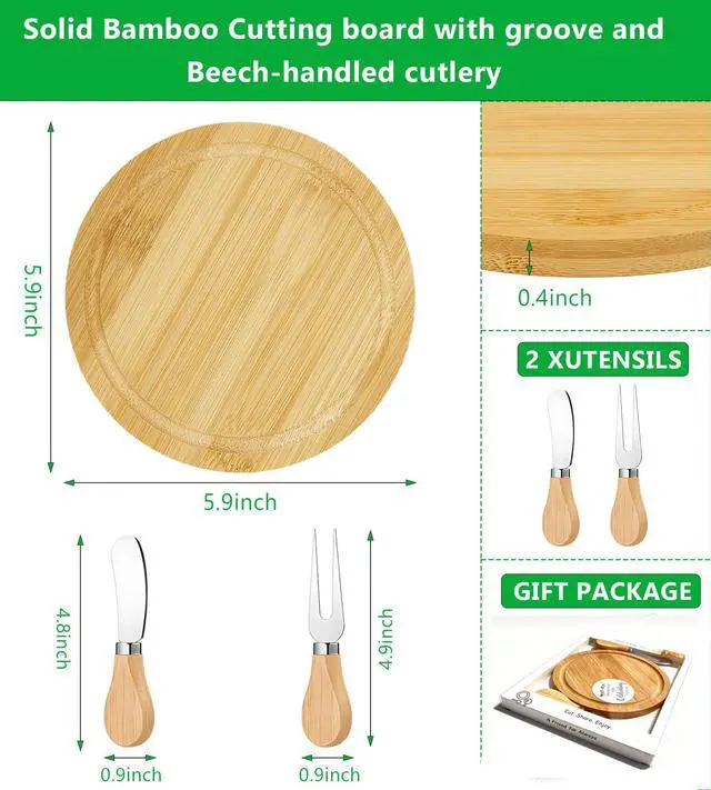 Alt view image 6 of 7 - 6-Inch Bamboo Cheese Board Set with Knife & Fork, Personal Charcuterie Board & Dessert Plate, Reusable PP Storage Box, Gift-Ready for Wedding, Bridal Shower, Baby Shower, Party, 1 Pack