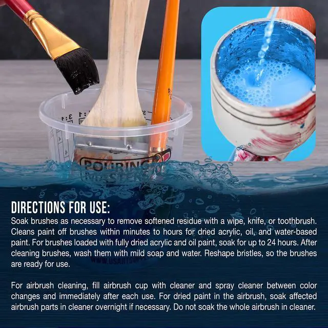 Alt view image 6 of 6 - Cleaner, 16-Ounce Pint Bottle - Fast Acting Cleaning Solution, Quickly Remove Water-Based Acrylic Paint, Watercolor, Makeup - Clean Clogged Airbrushes, Brushes, Artist Tools