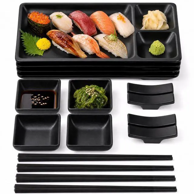 Main image of 16 Piece Japanese Sushi Plate Set, Melamine Sushi Serving Set, Sushi Dinnerware Set - Includes 4 Sushi Serving Plates, 4 Sauce Dishes, 4 Pairs of Chopsticks, 4 Chopstick Holders (Black)