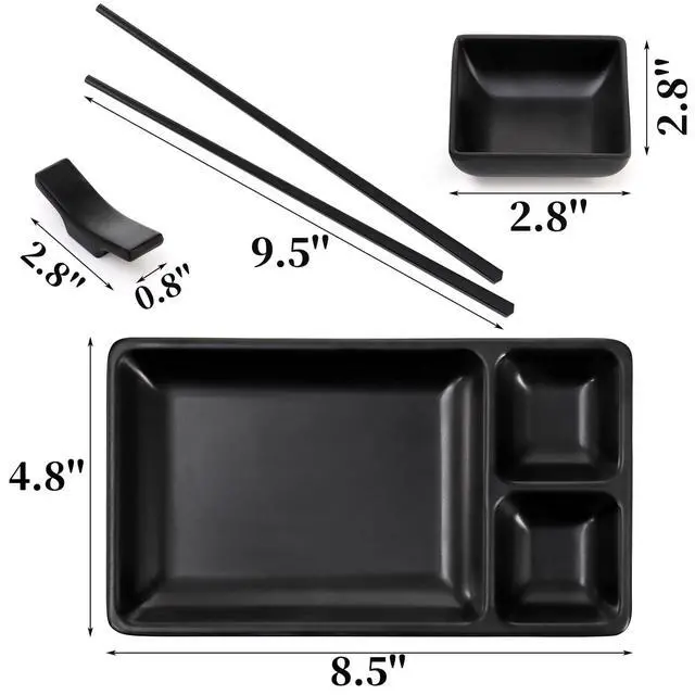 Alt view image 2 of 7 - 16 Piece Japanese Sushi Plate Set, Melamine Sushi Serving Set, Sushi Dinnerware Set - Includes 4 Sushi Serving Plates, 4 Sauce Dishes, 4 Pairs of Chopsticks, 4 Chopstick Holders (Black)