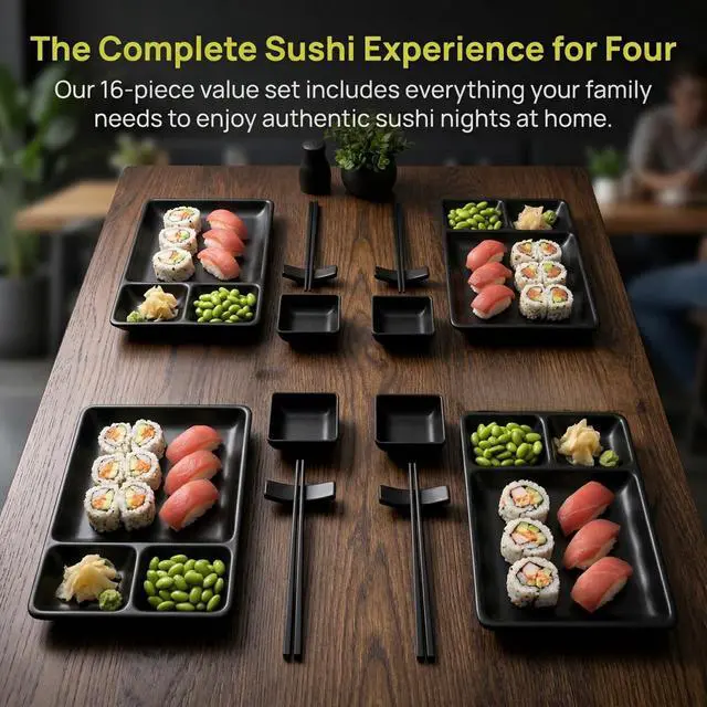Alt view image 3 of 7 - 16 Piece Japanese Sushi Plate Set, Melamine Sushi Serving Set, Sushi Dinnerware Set - Includes 4 Sushi Serving Plates, 4 Sauce Dishes, 4 Pairs of Chopsticks, 4 Chopstick Holders (Black)