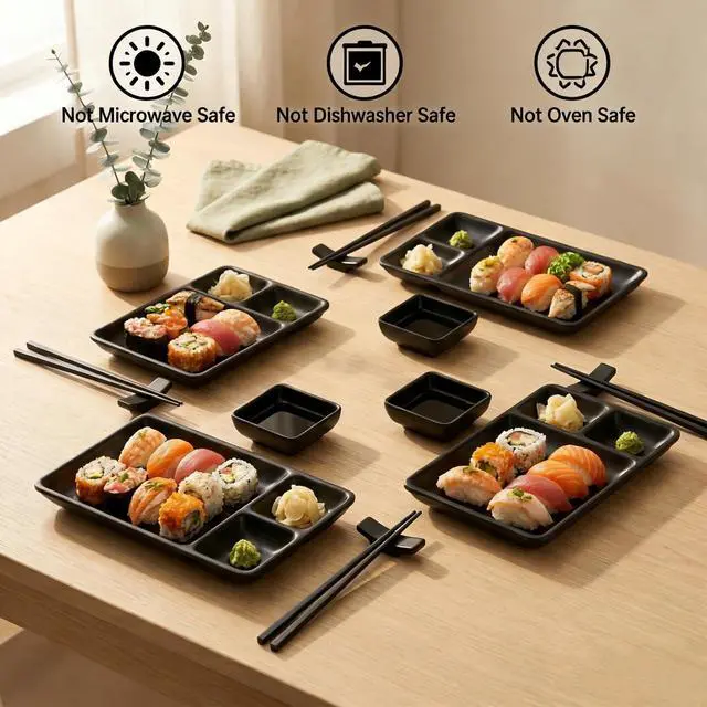 Alt view image 4 of 7 - 16 Piece Japanese Sushi Plate Set, Melamine Sushi Serving Set, Sushi Dinnerware Set - Includes 4 Sushi Serving Plates, 4 Sauce Dishes, 4 Pairs of Chopsticks, 4 Chopstick Holders (Black)