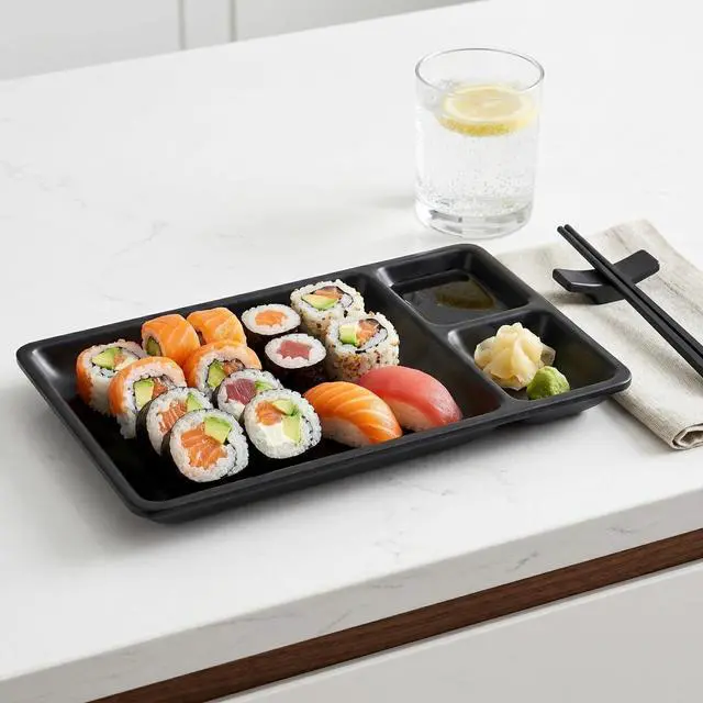 Alt view image 6 of 7 - 16 Piece Japanese Sushi Plate Set, Melamine Sushi Serving Set, Sushi Dinnerware Set - Includes 4 Sushi Serving Plates, 4 Sauce Dishes, 4 Pairs of Chopsticks, 4 Chopstick Holders (Black)