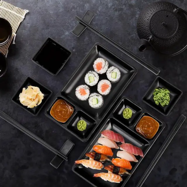 Alt view image 7 of 7 - 16 Piece Japanese Sushi Plate Set, Melamine Sushi Serving Set, Sushi Dinnerware Set - Includes 4 Sushi Serving Plates, 4 Sauce Dishes, 4 Pairs of Chopsticks, 4 Chopstick Holders (Black)