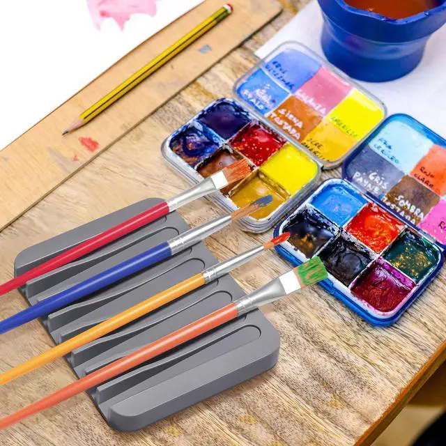 Alt view image 5 of 7 - 2 Pcs Paint Brush Holder with 8 Slots, Washable Silicone Brush Rinse Cleaner, Paintbrush Organizer Display Stand -Grey