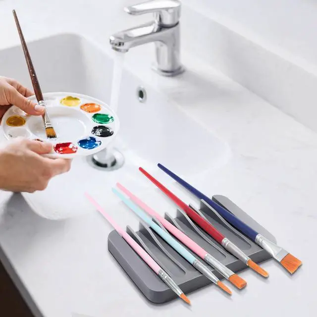 Alt view image 7 of 7 - 2 Pcs Paint Brush Holder with 8 Slots, Washable Silicone Brush Rinse Cleaner, Paintbrush Organizer Display Stand -Grey