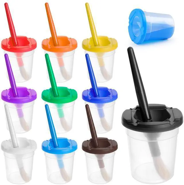 Main image of 10 PCS No Spill Paint Cups with Colored Lids and Brushes for Kids, Not for Watercolor, Spill Proof Paint Brush Cleaner Cup for Painting, Arts and Crafts Supplies, for Acrylic Paint