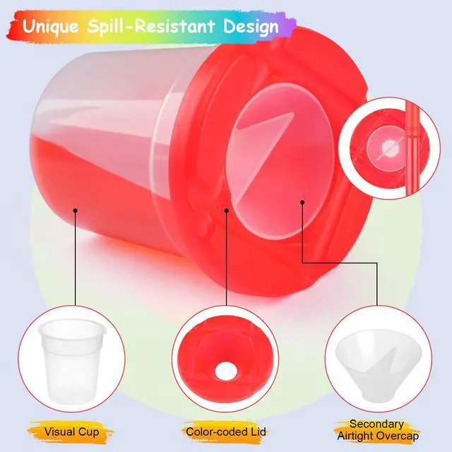 Alt view image 3 of 7 - 10 PCS No Spill Paint Cups with Colored Lids and Brushes for Kids, Not for Watercolor, Spill Proof Paint Brush Cleaner Cup for Painting, Arts and Crafts Supplies, for Acrylic Paint