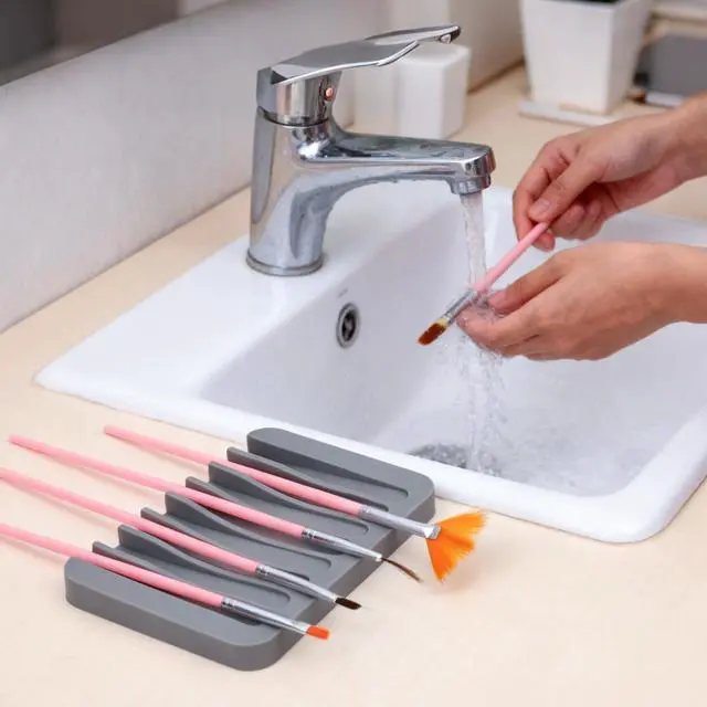 Alt view image 6 of 7 - 2pcs Paint Brush Holder, Silicone Washable Paintbrush Organizer Stand with 8 Slots Brush Rinse Cleaner for Oil Acrylic Watercolor Painting (Gray, White)
