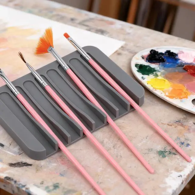 Alt view image 7 of 7 - 2pcs Paint Brush Holder, Silicone Washable Paintbrush Organizer Stand with 8 Slots Brush Rinse Cleaner for Oil Acrylic Watercolor Painting (Gray, White)