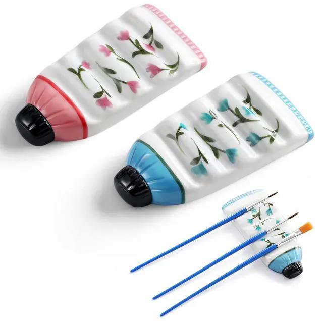 Main image of 2 Pcs Ceramic Watercolor Brush Rest Tube Paint Brush Holder for Artist with 4 Slots Flower Organizer Storage Custom Paint Rest for Oil Painting Accessories Calligraphy (Flower)