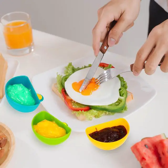Alt view image 6 of 7 - Dip Clip for Bowls Plates 4PCS Plastic Dip Clip Bowl Plate Holder Chip and Dip Serving Set Sauce Holder for Spice Tomato Sauce Salt Veggie Vinegar Ketchup Chips (4 Colors)