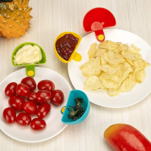 Alt view image 5 of 7 - Dip Clip for Bowls Plates 4PCS Plastic Dip Clip Bowl Plate Holder Chip and Dip Serving Set Sauce Holder for Spice Tomato Sauce Salt Veggie Vinegar Ketchup Chips (4 Colors)