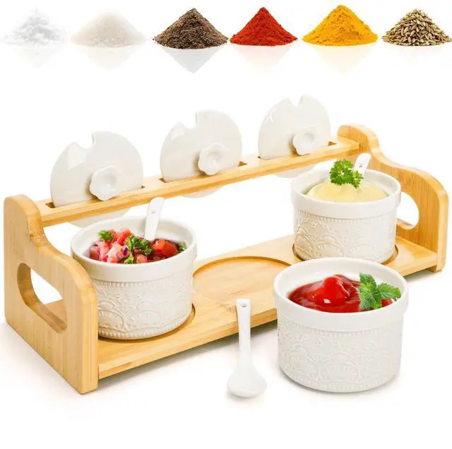 Main image of 10 Pack Sauce Serving Dish, 5 Oz Ceramic Chip Dip Sauce Bowls with Spoons Lids for Party, 3 Condiment Seasoning Jars with Bamboo Tray for Snacks, Appetizers, Sauces