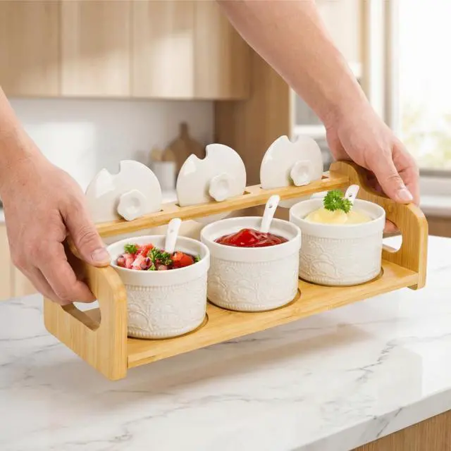 Alt view image 6 of 7 - 10 Pack Sauce Serving Dish, 5 Oz Ceramic Chip Dip Sauce Bowls with Spoons Lids for Party, 3 Condiment Seasoning Jars with Bamboo Tray for Snacks, Appetizers, Sauces