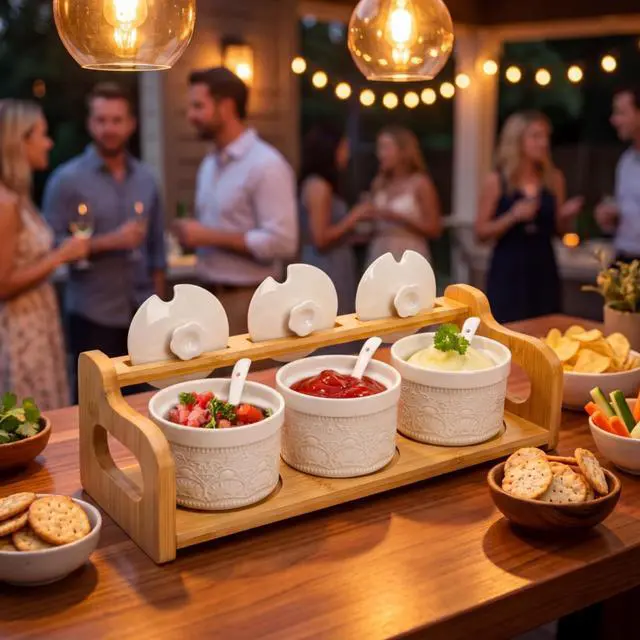 Alt view image 5 of 7 - 10 Pack Sauce Serving Dish, 5 Oz Ceramic Chip Dip Sauce Bowls with Spoons Lids for Party, 3 Condiment Seasoning Jars with Bamboo Tray for Snacks, Appetizers, Sauces