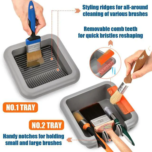 Alt view image 2 of 6 - Paint Brush Cleaner Washer Trays, 2 Individual Paint Trays for Fast Cleaning and Organizing Flat, Angled, Oval, Pointed, Large & Small Paint Brushes, Stackable Paintbrush Cleaner Trays Tool