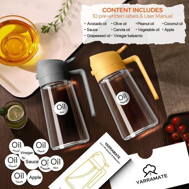 Alt view image 2 of 7 - 16oz/470ml Oil Sprayer for Cooking with Stickers, Food-grade Premium 2 in 1 Olive Oil Dispenser Bottle for Kitchen Gadgets, Air Fryer, Salad, Frying, BBQ (Gray)