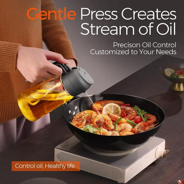 Alt view image 4 of 7 - 16oz/470ml Oil Sprayer for Cooking with Stickers, Food-grade Premium 2 in 1 Olive Oil Dispenser Bottle for Kitchen Gadgets, Air Fryer, Salad, Frying, BBQ (Gray)