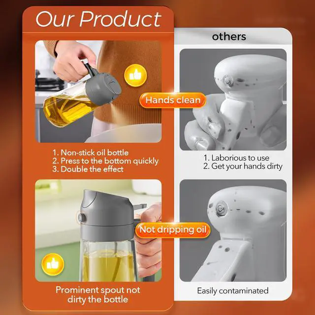 Alt view image 6 of 7 - 16oz/470ml Oil Sprayer for Cooking with Stickers, Food-grade Premium 2 in 1 Olive Oil Dispenser Bottle for Kitchen Gadgets, Air Fryer, Salad, Frying, BBQ (Gray)