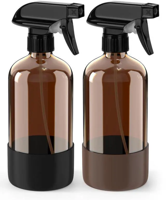 Main image of Glass Spray Bottle with Silicone Sleeve Protection, Amber Glass Spray Bottle Set for Window Cleaner Aromatherapy Facial Hydration Watering Flowers Hair Care 2 Pack/16 oz (Black & Brown)