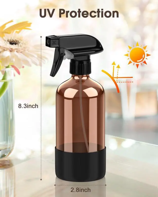 Alt view image 3 of 7 - Glass Spray Bottle with Silicone Sleeve Protection, Amber Glass Spray Bottle Set for Window Cleaner Aromatherapy Facial Hydration Watering Flowers Hair Care 2 Pack/16 oz (Black & Brown)