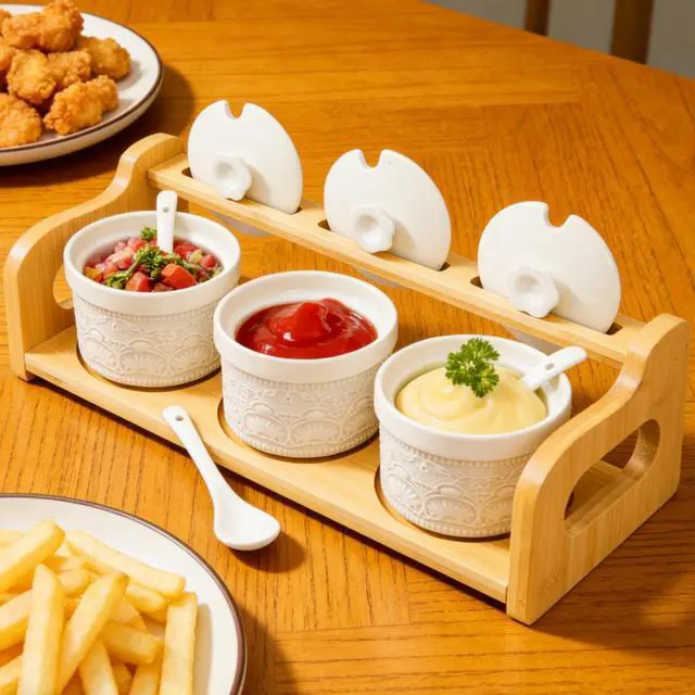 Alt view image 7 of 7 - 10 Pack Sauce Serving Dish, 5 Oz Ceramic Chip Dip Sauce Bowls with Spoons Lids for Party, 3 Condiment Seasoning Jars with Bamboo Tray for Snacks, Appetizers, Sauces