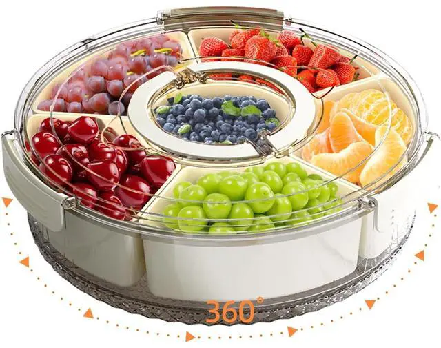 Main image of Divided Serving Tray with Lid and Handle, Portable Snackle Box Container for Fruits Snacks Charcuterie Organizer, Spinning Rounded Veggie Tray for Kitchen, Party, Travel and Picnic