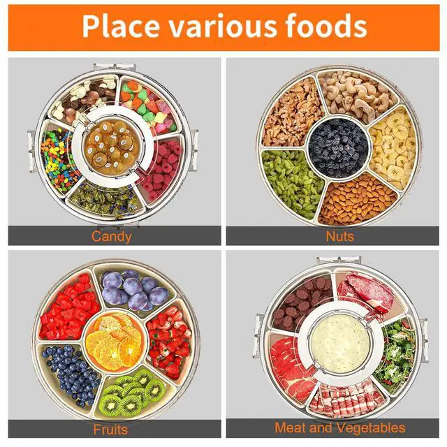 Alt view image 4 of 7 - Divided Serving Tray with Lid and Handle, Portable Snackle Box Container for Fruits Snacks Charcuterie Organizer, Spinning Rounded Veggie Tray for Kitchen, Party, Travel and Picnic