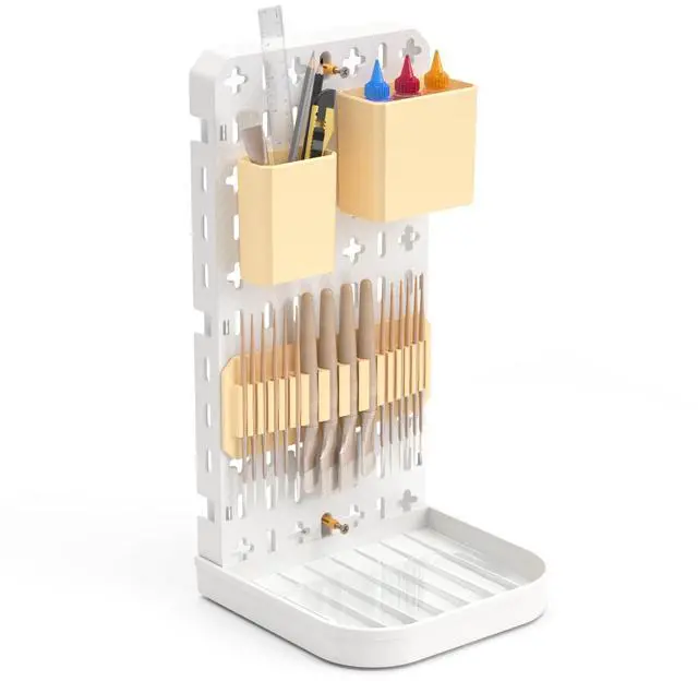 Main image of Paint Brush Holder with Drip Tray & Silicone Paint Brush Drying Rack,2 Removable Pegboard Bins for Artist Brush Holder,Paint Brush Stand White Pegboard for Desktop & Wall-Mount for Acrylic Paint Brush