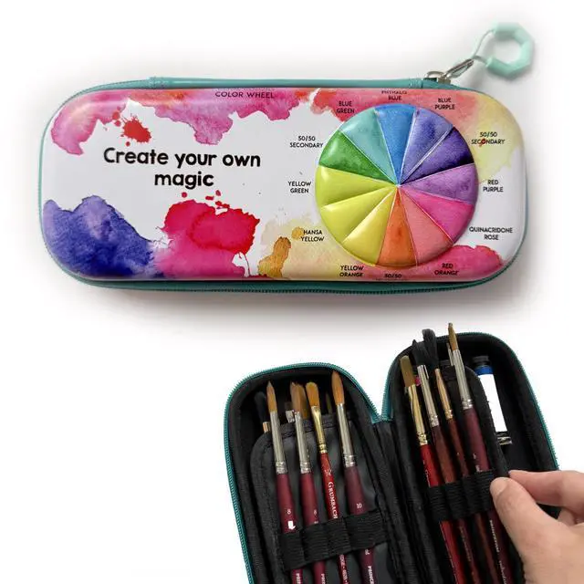 Main image of Paint Brush Organizer Case - Travel Zipper Storage Pouch - Opens Flat - 16 Elastic Slots for Watercolor, Oil, and Acrylic Brushes, Markers, Pencils, Pens and More