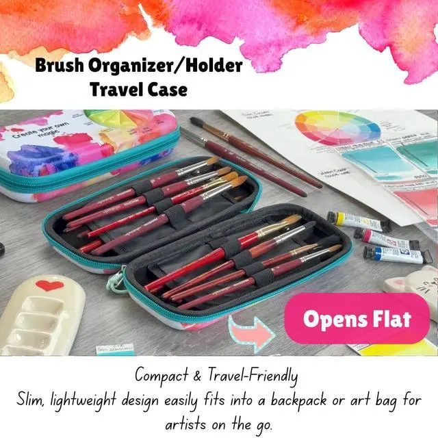 Alt view image 3 of 7 - Paint Brush Organizer Case - Travel Zipper Storage Pouch - Opens Flat - 16 Elastic Slots for Watercolor, Oil, and Acrylic Brushes, Markers, Pencils, Pens and More