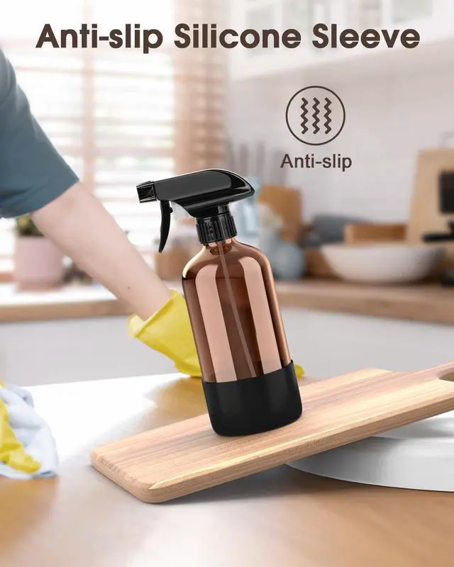 Alt view image 5 of 7 - Glass Spray Bottle with Silicone Sleeve Protection, Amber Glass Spray Bottle Set for Window Cleaner Aromatherapy Facial Hydration Watering Flowers Hair Care 2 Pack/16 oz (Black & Brown)