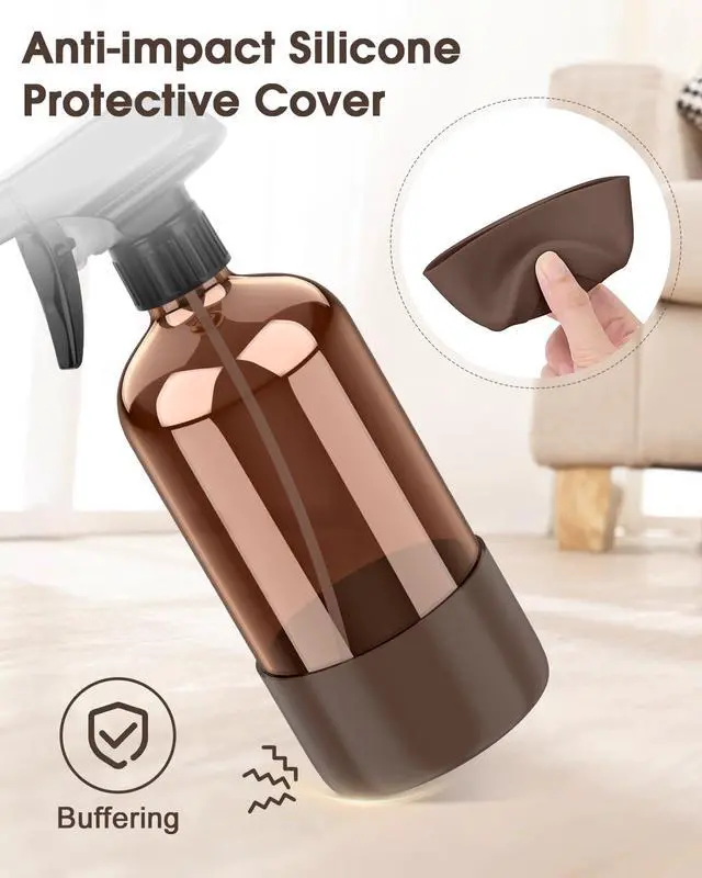 Alt view image 4 of 7 - Glass Spray Bottle with Silicone Sleeve Protection, Amber Glass Spray Bottle Set for Window Cleaner Aromatherapy Facial Hydration Watering Flowers Hair Care 2 Pack/16 oz (Black & Brown)