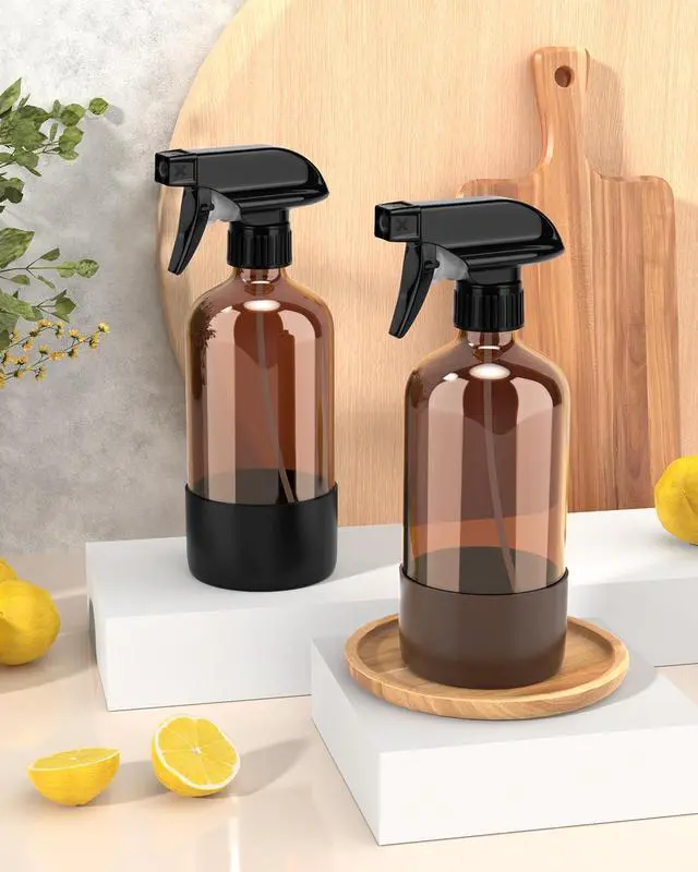 Alt view image 6 of 7 - Glass Spray Bottle with Silicone Sleeve Protection, Amber Glass Spray Bottle Set for Window Cleaner Aromatherapy Facial Hydration Watering Flowers Hair Care 2 Pack/16 oz (Black & Brown)