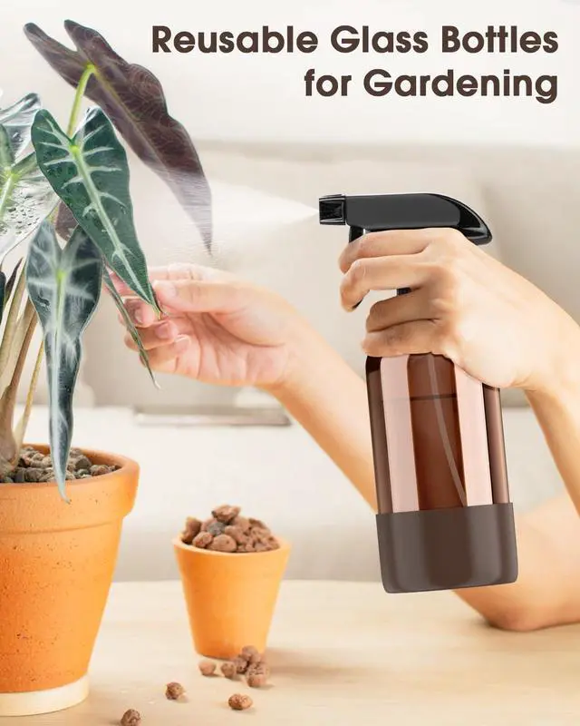 Alt view image 7 of 7 - Glass Spray Bottle with Silicone Sleeve Protection, Amber Glass Spray Bottle Set for Window Cleaner Aromatherapy Facial Hydration Watering Flowers Hair Care 2 Pack/16 oz (Black & Brown)