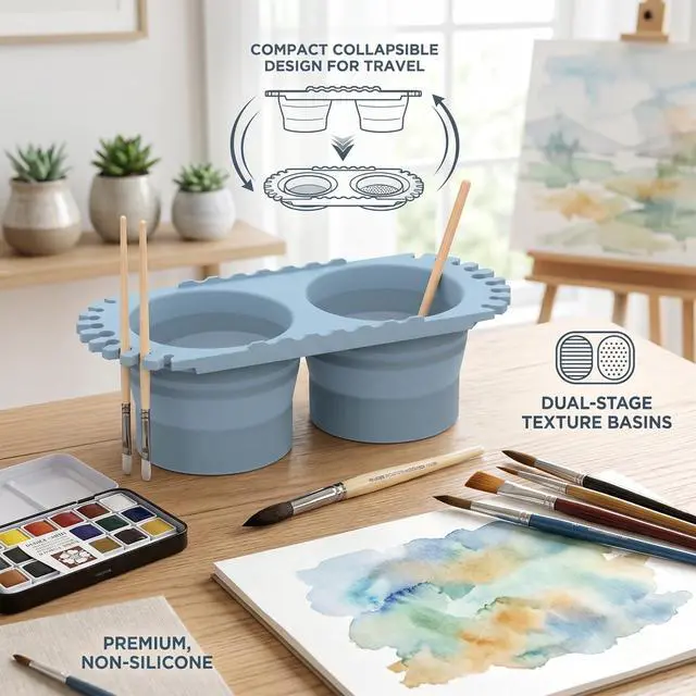 Alt view image 4 of 6 - Dual Compartment Paint Brush Cleaner Cup, Foldable Silicone Brush Cleaning Rinse Cup with Brush Holder, Portable Traval Gift for Students and Artists, Suitable for Acrylic, Watercolor & Art Supplies