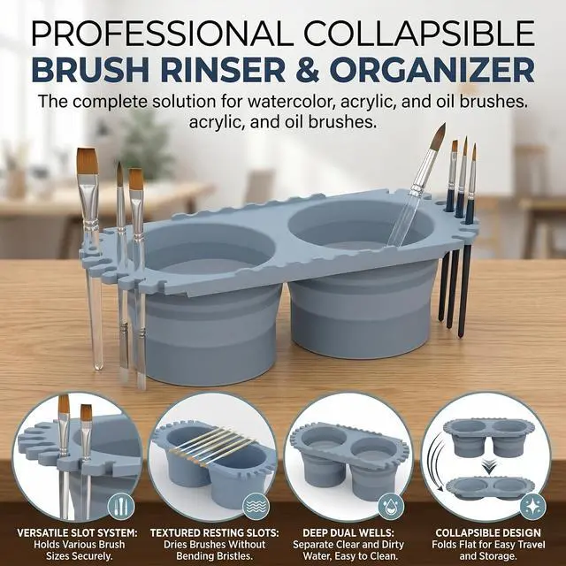 Alt view image 3 of 6 - Dual Compartment Paint Brush Cleaner Cup, Foldable Silicone Brush Cleaning Rinse Cup with Brush Holder, Portable Traval Gift for Students and Artists, Suitable for Acrylic, Watercolor & Art Supplies