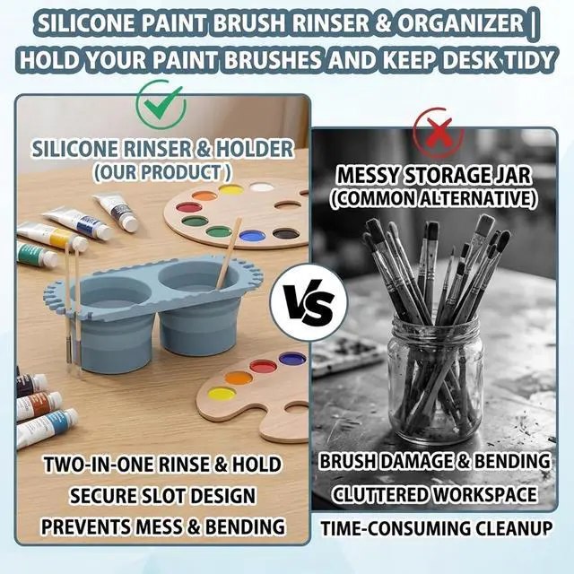 Alt view image 5 of 6 - Dual Compartment Paint Brush Cleaner Cup, Foldable Silicone Brush Cleaning Rinse Cup with Brush Holder, Portable Traval Gift for Students and Artists, Suitable for Acrylic, Watercolor & Art Supplies